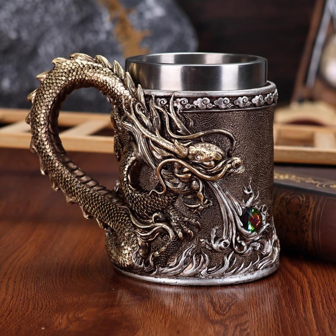 

500ML Golden Copper Dragon Beer Resin Tankard 304 Stainless Steel Medieval Tea Cup Coffee Beer Mug Copper Color New Party Bar 500ml