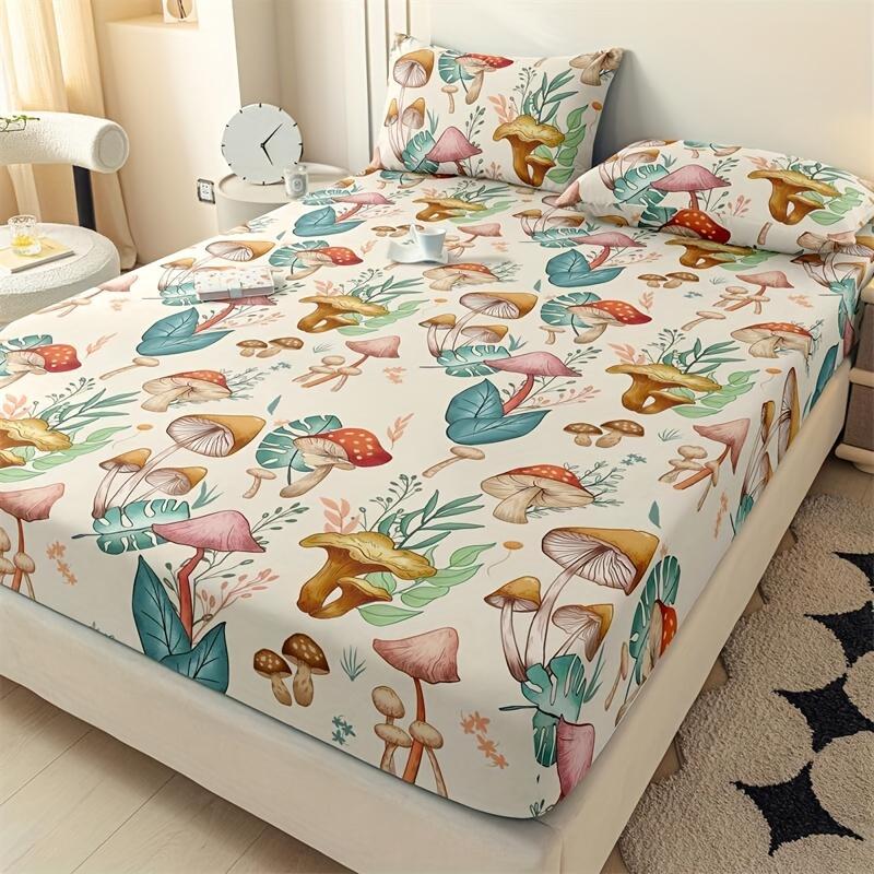 

3pcs Fitted Sheet Set Colorful Mushroom 3D Printed 100% Polyester Microfiber Mattress Covers Cozy Bedding Set With 2 Pillowcases Twin99x190x25cm