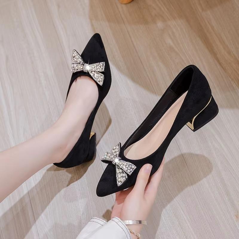 Fashion Heel Shoes for Women 2025 New Spring Autumn Pointed Toe Middle Heel Bow Thick Heel Fashion Shallow Lady Shoes Women Heels