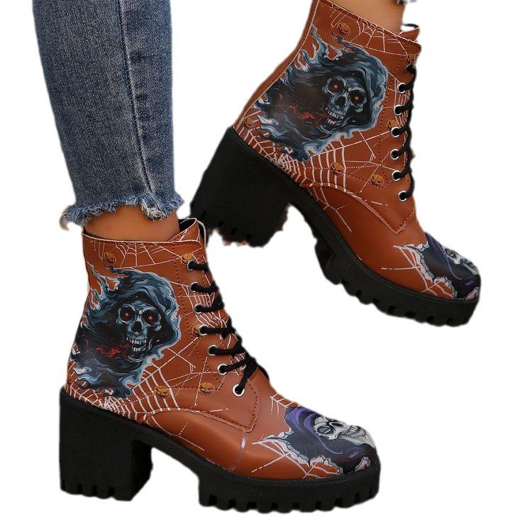 Large size totem European and American style lace-up fashion boots autumn and winter new square heel round head height-increasing women's boots