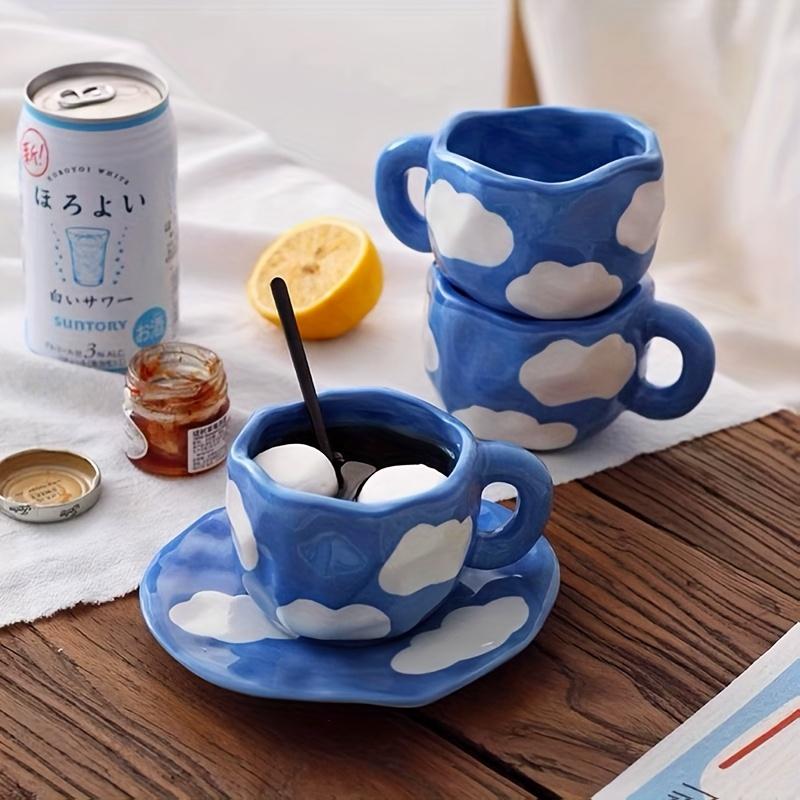 Reusable Ceramic Coffee Cup, Saucer Set with Blue Sky and White Cloud Design, Perfect for Breakfast and Afternoon Tea, Hand Wash Only