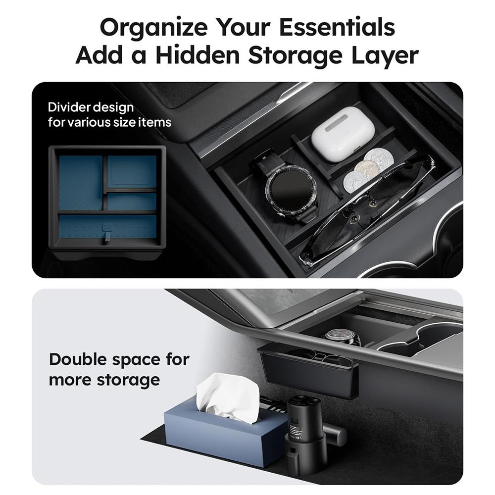 Heenvn Console Armrest Storage Box For Tesla Model Y Juniper Model 3 Highland 2024-2026 ABS Silicone Watercup Mat Accessories
