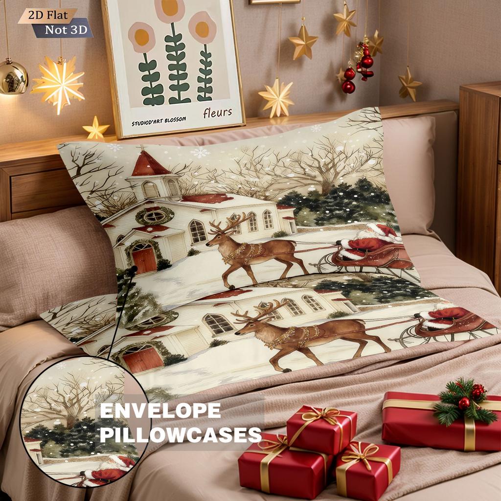 3pcs Christmas Town Print Chipless Bedding Set Multi Size Bedroom and Dormitory Duvet Covers Soft Machine Washable Decoration