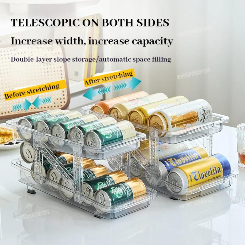 2 Layer Expandable Storage Box Refrigerator Beverage Can Organizer Automatic Rolling Beer Dispenser