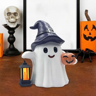 Solar Cute Ghost Statue Halloween Desktop Ornament Weather-Resistant Handmade Resin Pumpkin Ghost Figure with Light