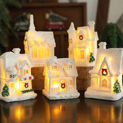 Luminous White Resin Snow House Miniature - Christmas Cottage Desktop Ornament