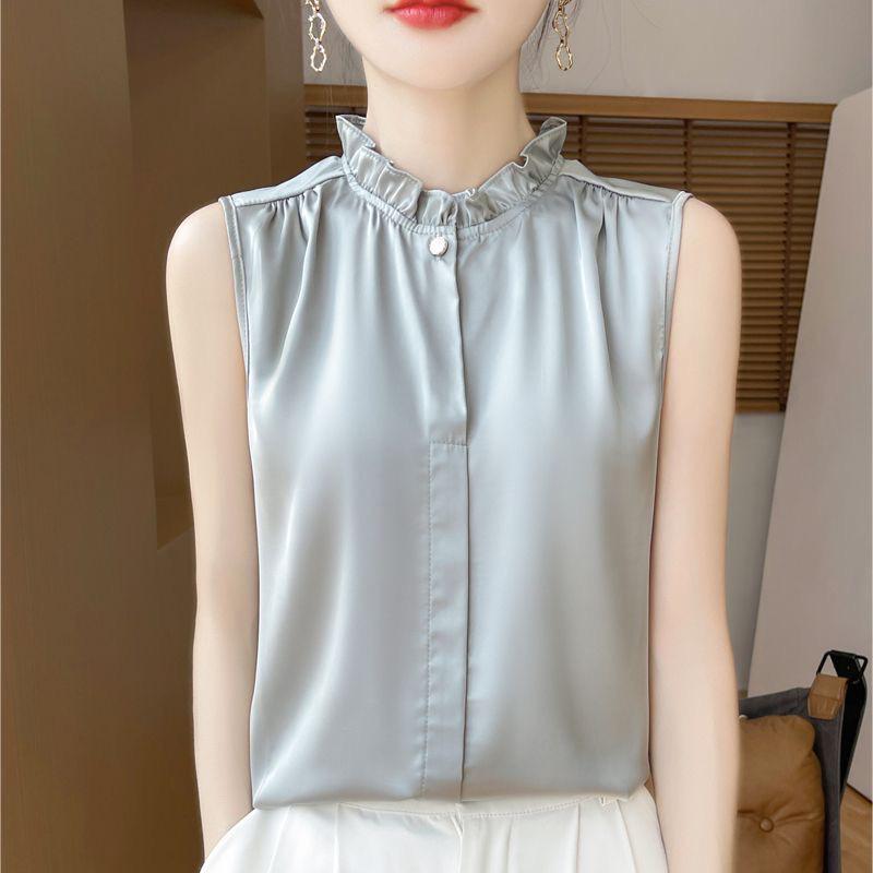 Silky Lotus Leaf Lace Collar Sleeveless Top for Women - Spring/Summer Fashion Layering Essential
