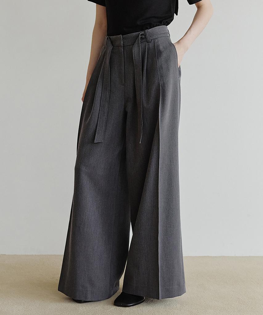 MAKE A TOAST Layered Belted Wide Slacks (Dark Gray) Mbffpa005Dg