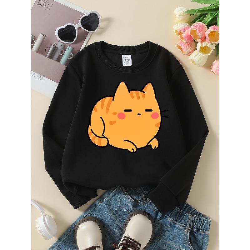 Kids' Sweatshirts, Girls' Sweatshirts, Girls' Autumn Winter Fashion Cute Orange Cat Print Long Sleeve Round Neck Sweatshirt