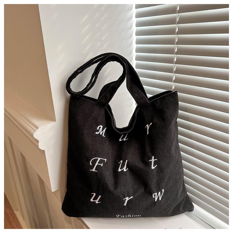 Korean Corduroy Embroidered Tote Bag for Students - Artistic Autumn/Winter Design