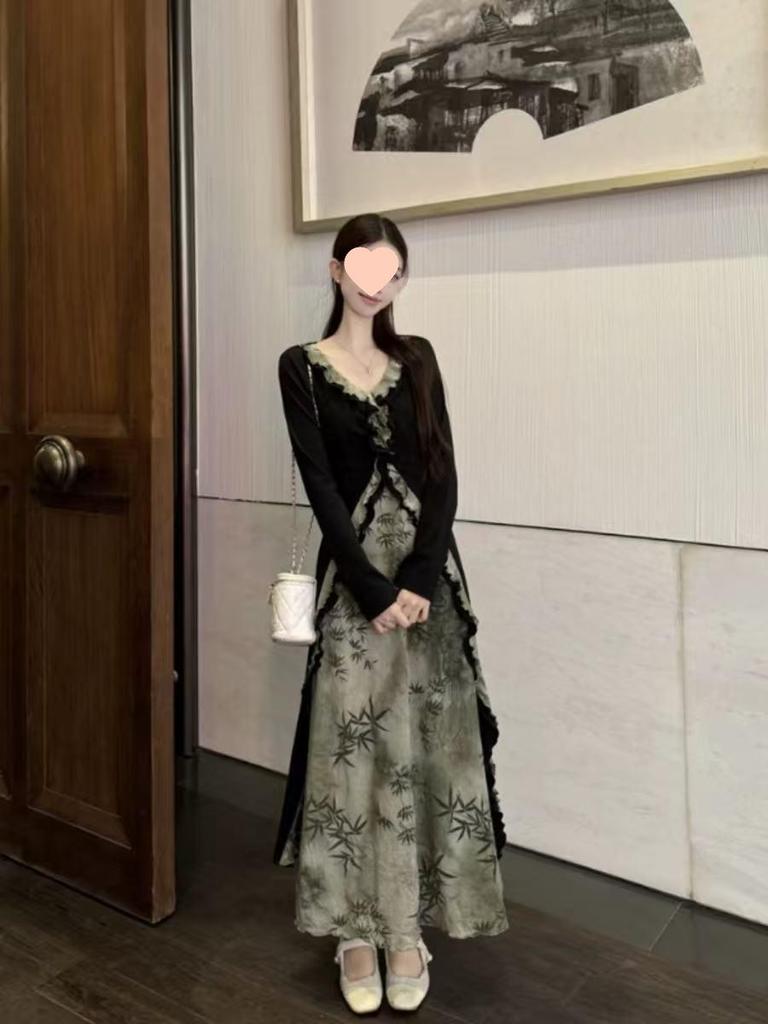 Rochie A-line pentru femei plus-size, toamnă, formă de pară - Stil național chinezesc, Design subțietor din două piese