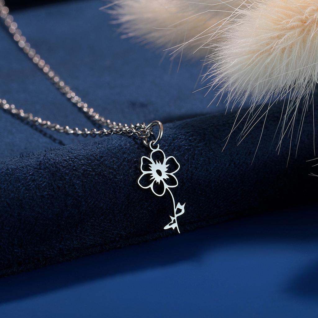 Kinitial Birth Flower Necklaces For Women Girls Stainless Steel 12 Month Flower Necklaces Birthday Jewelry Gift