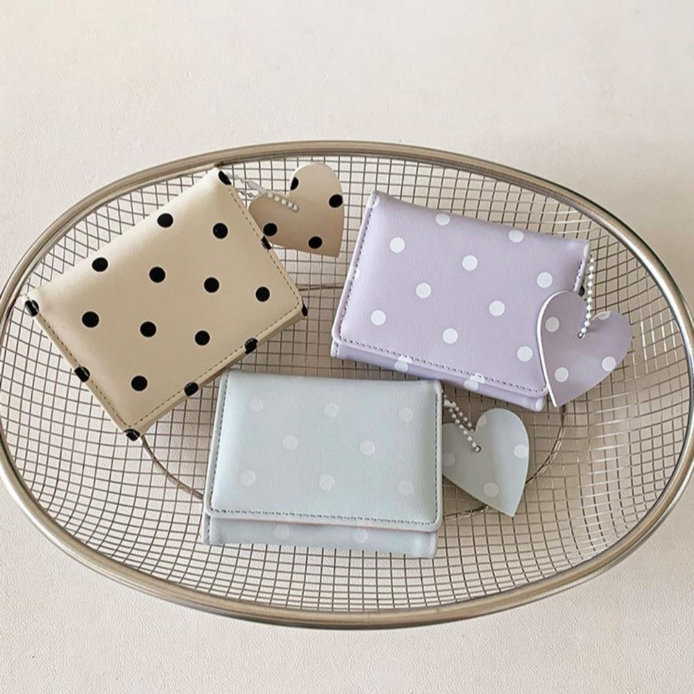 Sweet PU Card Holder Heart Pendant Coin Purse Cute Trifold Polka Dot Wallet Travel