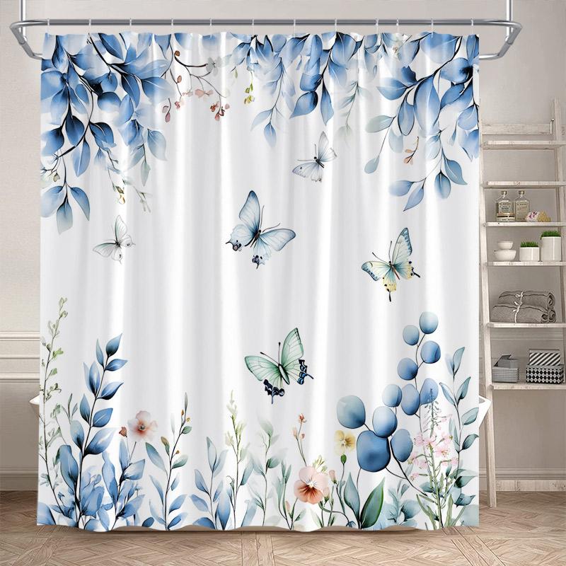 

Blue Floral Leaves Shower Curtains Watercolour Eucalyptus Leaf Botanical Bath Curtain Polyester Home Bathroom Decor With Hooks W60H190(CM)-1 Pcs