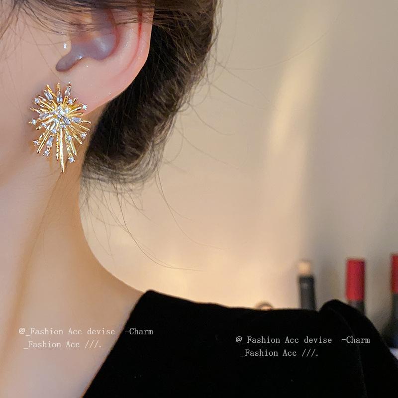 Silver Needle Zircon Irregular Fireworks Earrings European and American Exaggerated Design Stud Earrings Niche Fashion Temperament Earrings