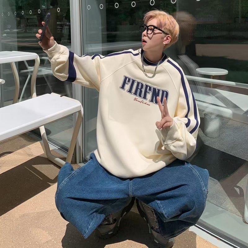 Japanese crew neck sweater men s trend trendy brand street loose spring and autumn long-sleeved retro campus couple pullover top 3XL