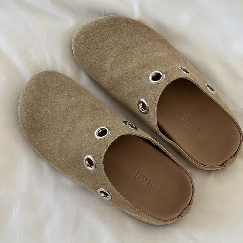 Fashion Spring New Baotou Slippers Women's Fashion Round Head Deep Mouth Suede Rivet Soft Sole Anti-slip Wear-resistant Flat Shoes