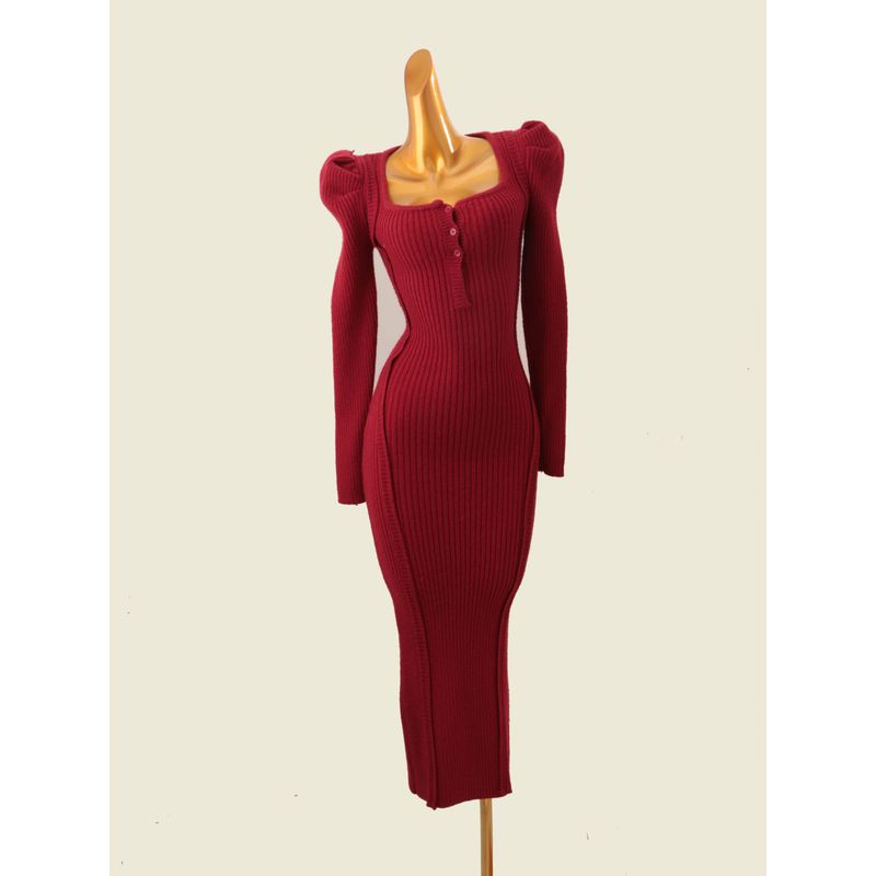 French Style Puff Sleeve Square Collar Long Dress Autumn and Winter New Bejirog Slim Fit Knit Sweater Slim Fit Warm Dress