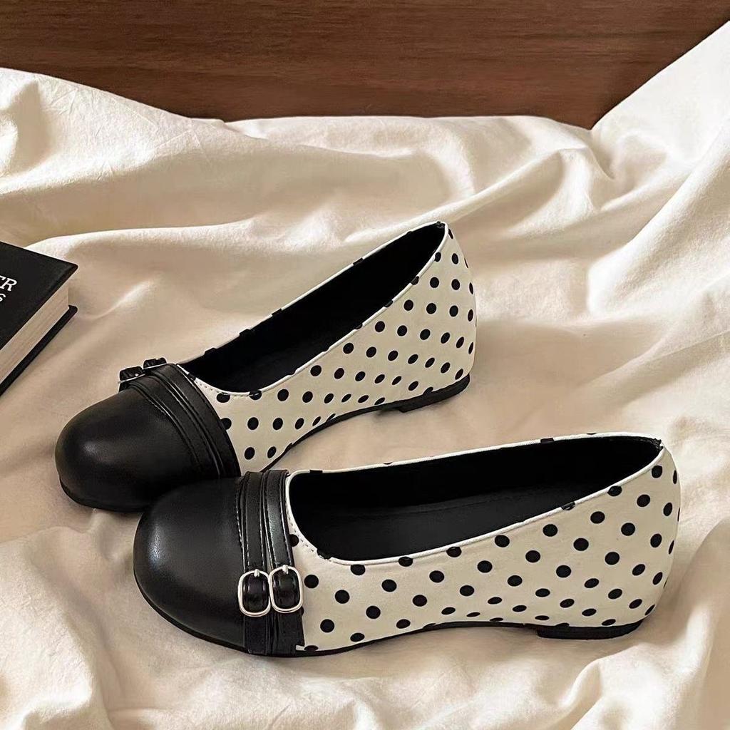 Soft Sole Not Tired Feet Shallow Mouth Single Shoes Women'S Retro Mary Jane Version Polka Dot Splicing Double Buckle Daily Commute