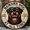 Stück Vintage Rottweiler Warnschild Zoll Rundes Aluminiummetall VORSICHT VOR DEM HUND Plakette mit aggressivem Wachhund Design