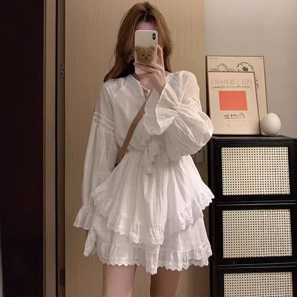 White Super Fairy Waist Thin Long-sleeved Dress Women's Spring and Autumn Fluffy Cake Dress Temperament Sweet Little White Skirt