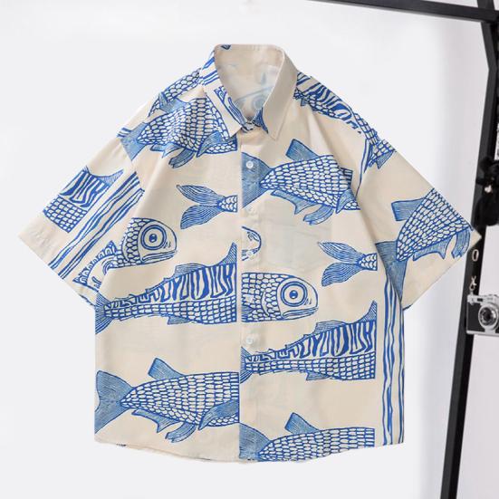 Men Beach Shirt 3D Fish Print Contrast Color Plus Size Short Sleeves Turn-down Collar Streetwear Single-breasted Plus Size Cardigan