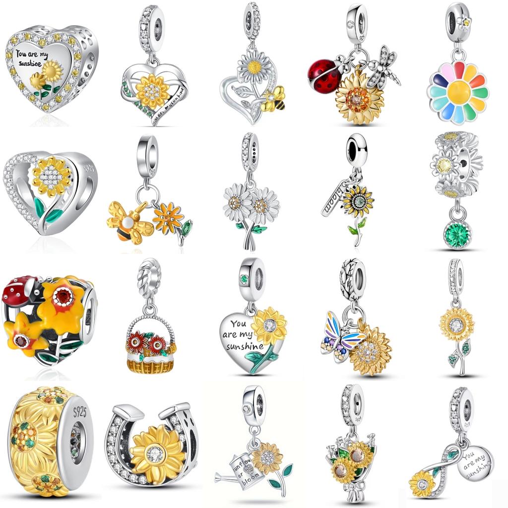 925 Silver Charm Bracelet Women Jewelry Spring Series Golden Sunflower Butterfly Bee Accessories