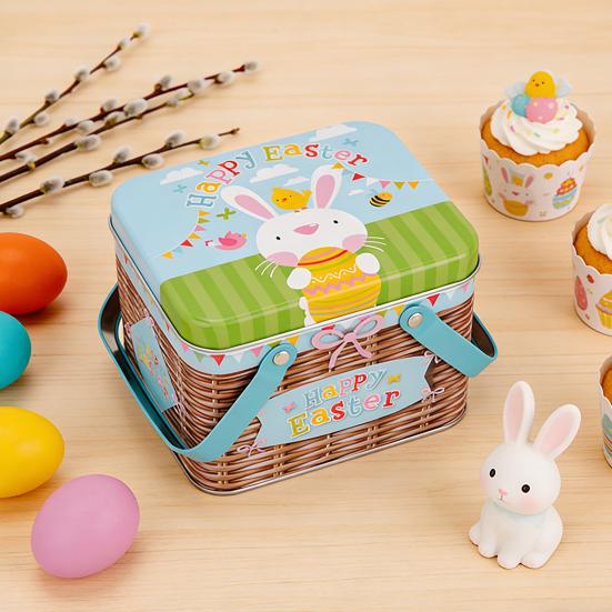 Osterplätzchen Aufbewahrungsbox Tragbare Blech Süßigkeitenbox mit 2 Griffen Leere Blechdose Keks Süßigkeiten Aufbewahrungsbehälter für Osterfest Partyzubehör