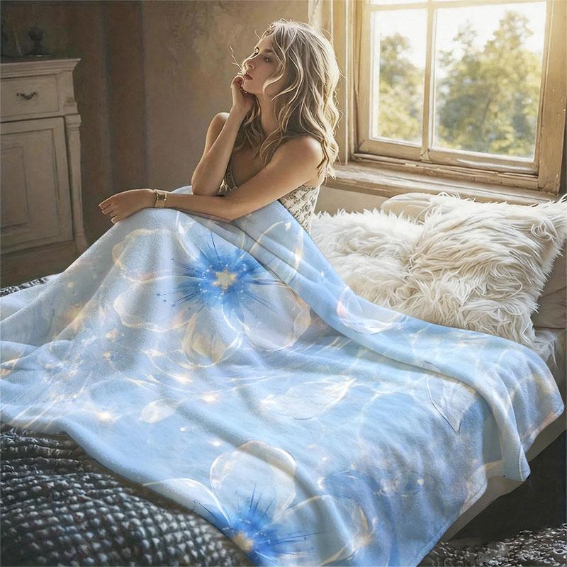 Crystal Flowers Blue Dream Flannel Blanket Perfect for Sofa Office Bed Travel Sleep Read Relax Camping Four Season Use