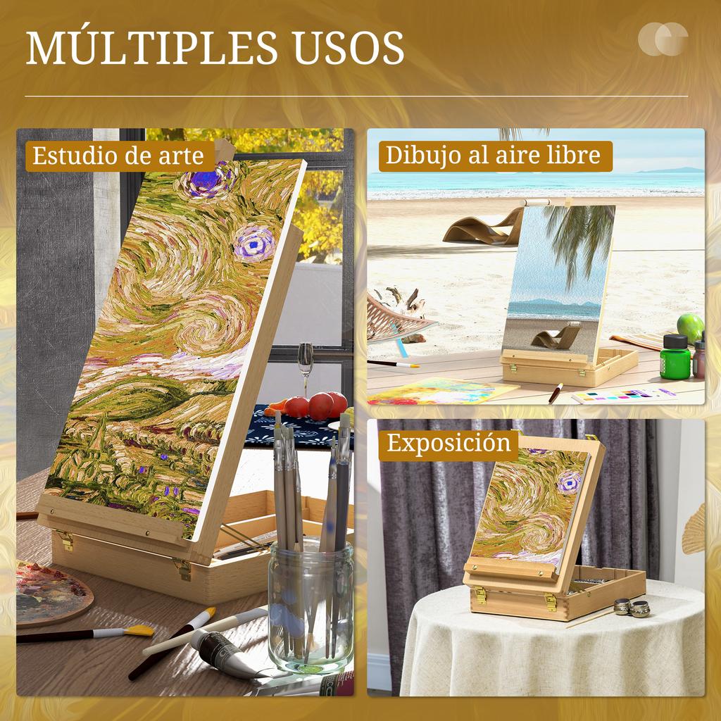 Wooden Tabletop Easel, Folding Box, Compartments, Adjustable Height, 27 x 41.5 x 74.5 cm, Natural