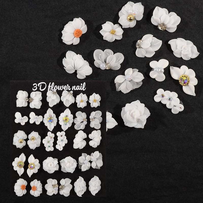 

Набор из 30 шт. чисто ручной работы акриловых цветочных шармов для ногтей, 3D мини белые лепестки, скульптурные цветочные ногти со стразами, кристаллами, ручной работы, цветок для ногтей, нейл-арт белый