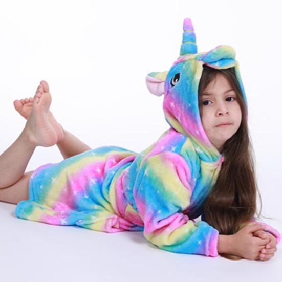 Cute Kids Boys Girls Unicorn Long Sleeve Hooded Pocket Sash Bathrobe