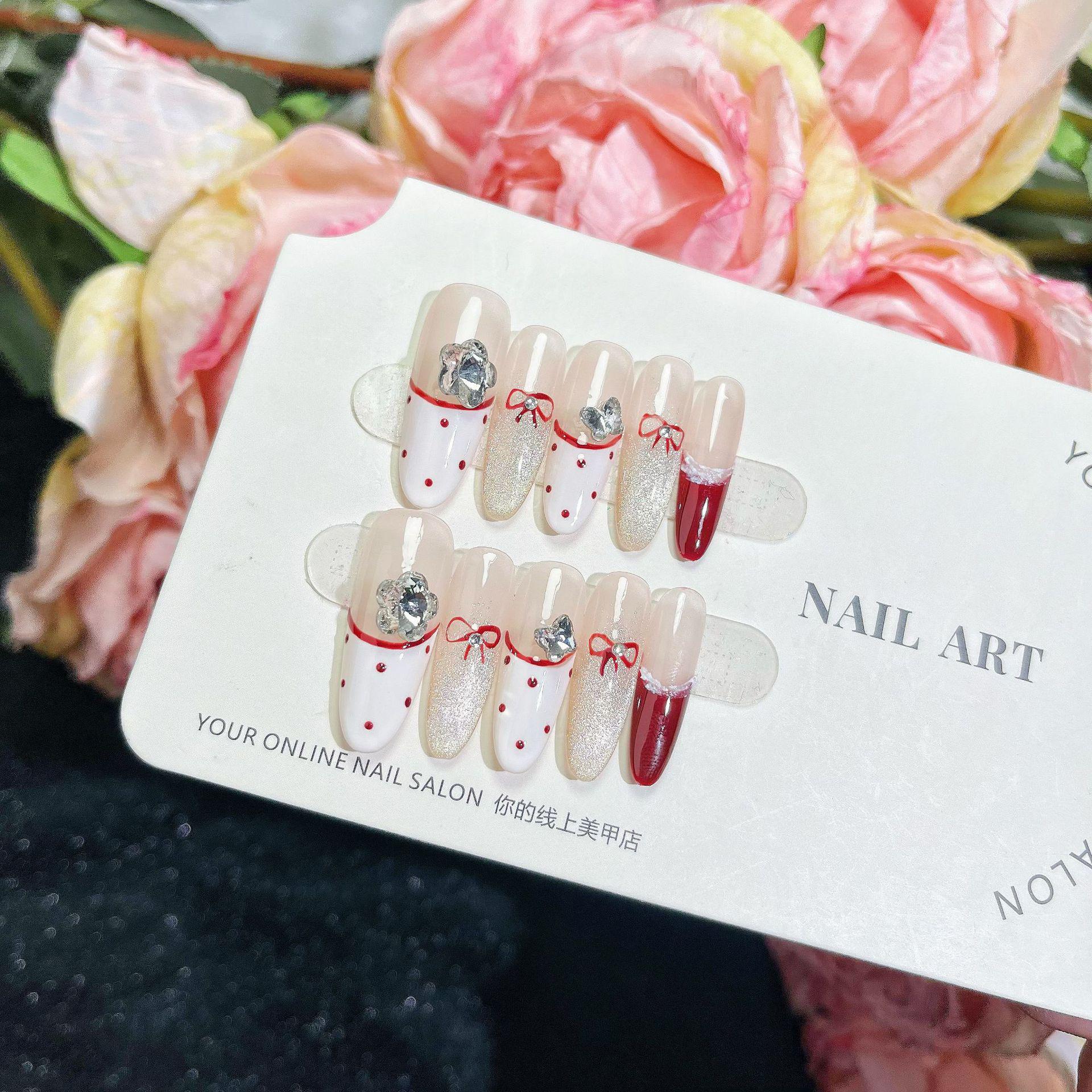 

Милый стиль ручной работы накладные ногти: Красно-белый французский бант, в горошек, «кошачий глаз» и красный чай крем-брюле съемный дизайн Large