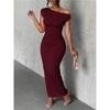 Sexy Solid Color Dress Cute Slim Water Ripple Diagonal Shoulder Dress