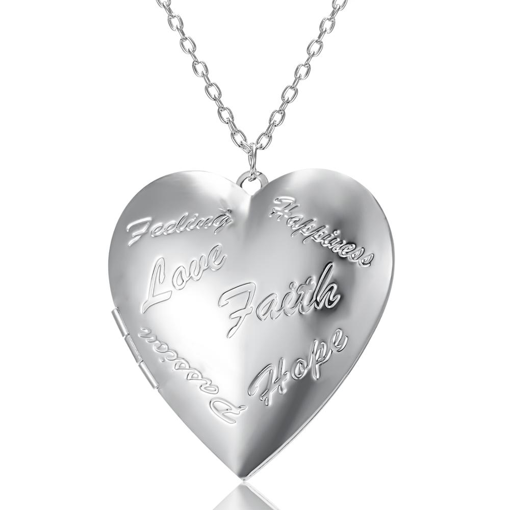 Chain Necklace with Heart-shaped Pendants Can Openable Photo Frame Engraved Love Faith Hope Locket Pendant Necklace Family Gift