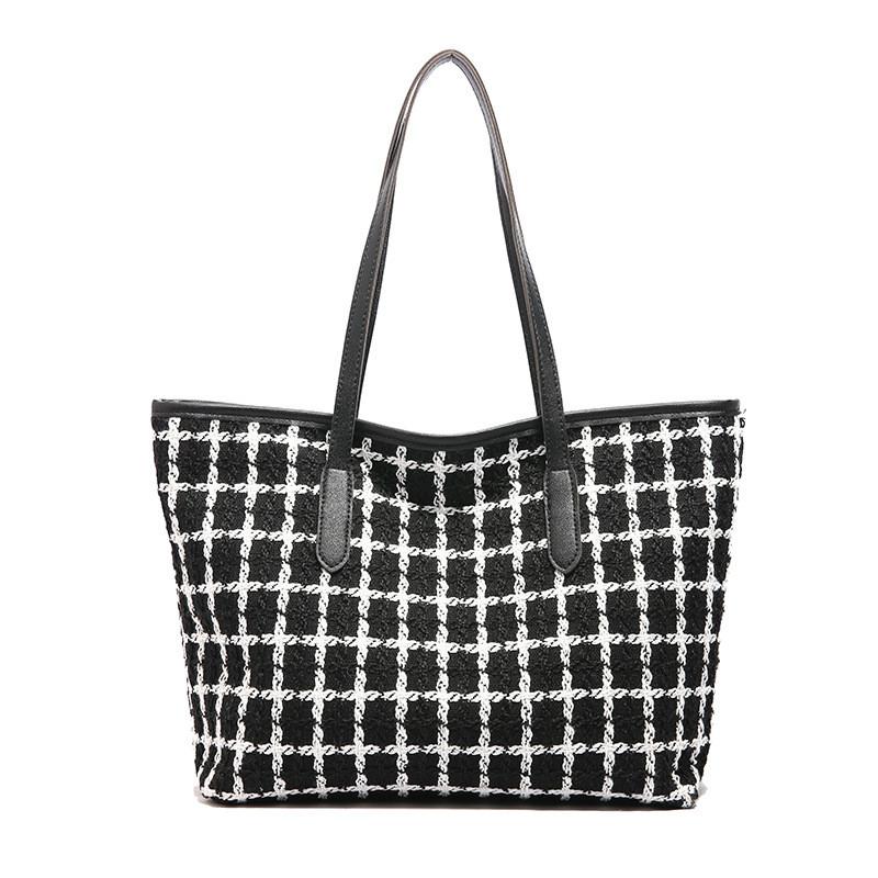 Модная клетчатая сумка-тоут большого объема в стиле колор-блок для женщин, стильная черно-белая