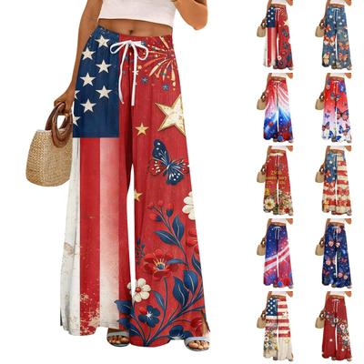 Women Summer Boho Palazzo Pants High Waist Wide Leg Printing Casual Trousers With Pockets