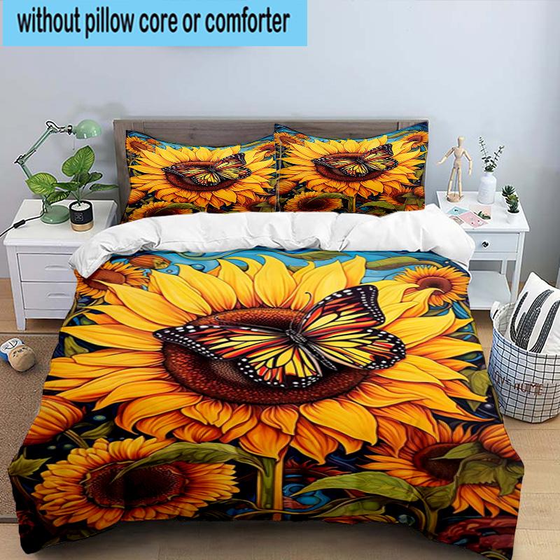 Butterfly And Sunflowers 3pcs Bedding,Including 1pc Duvet Cover And 2pcs Pillowcases Perfect for Christmas,Ideal for Bedroom, Dormitory