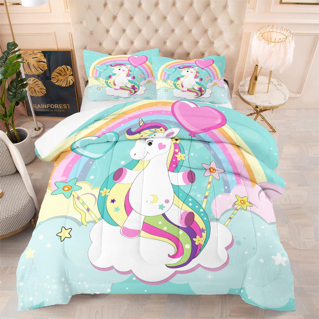 Cartoon Unicorn Three-piece Set Digital Print Fluffy Duvet Cover