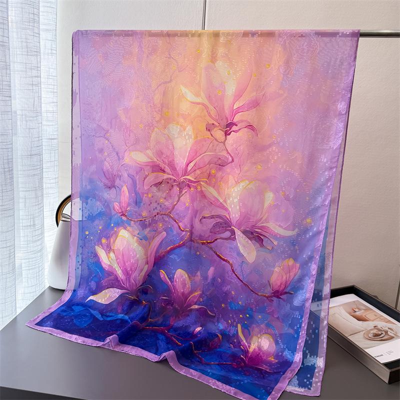 Symphony magnolia print cut flower spring and summer silk scarf large long scarf high-end travel shawl sun protection women's scarf headscarf