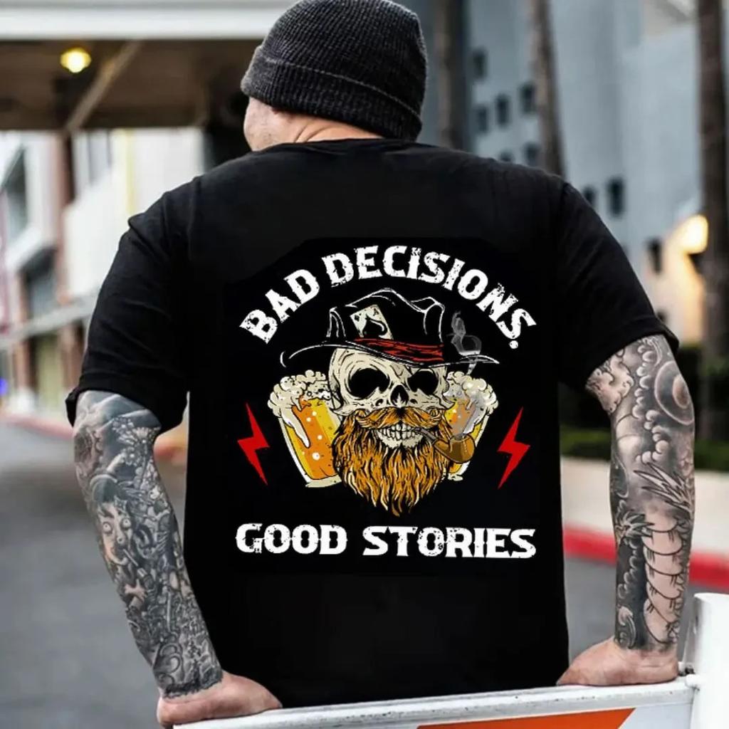 BAD DECISIONS GOOD STORIES Beer Skull Black Print Unisex T-Shirt