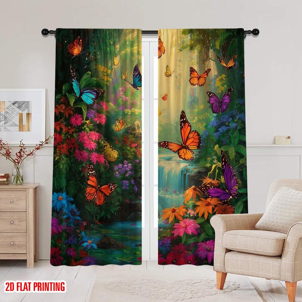 2pcs,2D Plane Printing Curtain Popular Butterfly Paradise Polyester Woven (without Rod) Outdoor Decorations Use for Bedroom