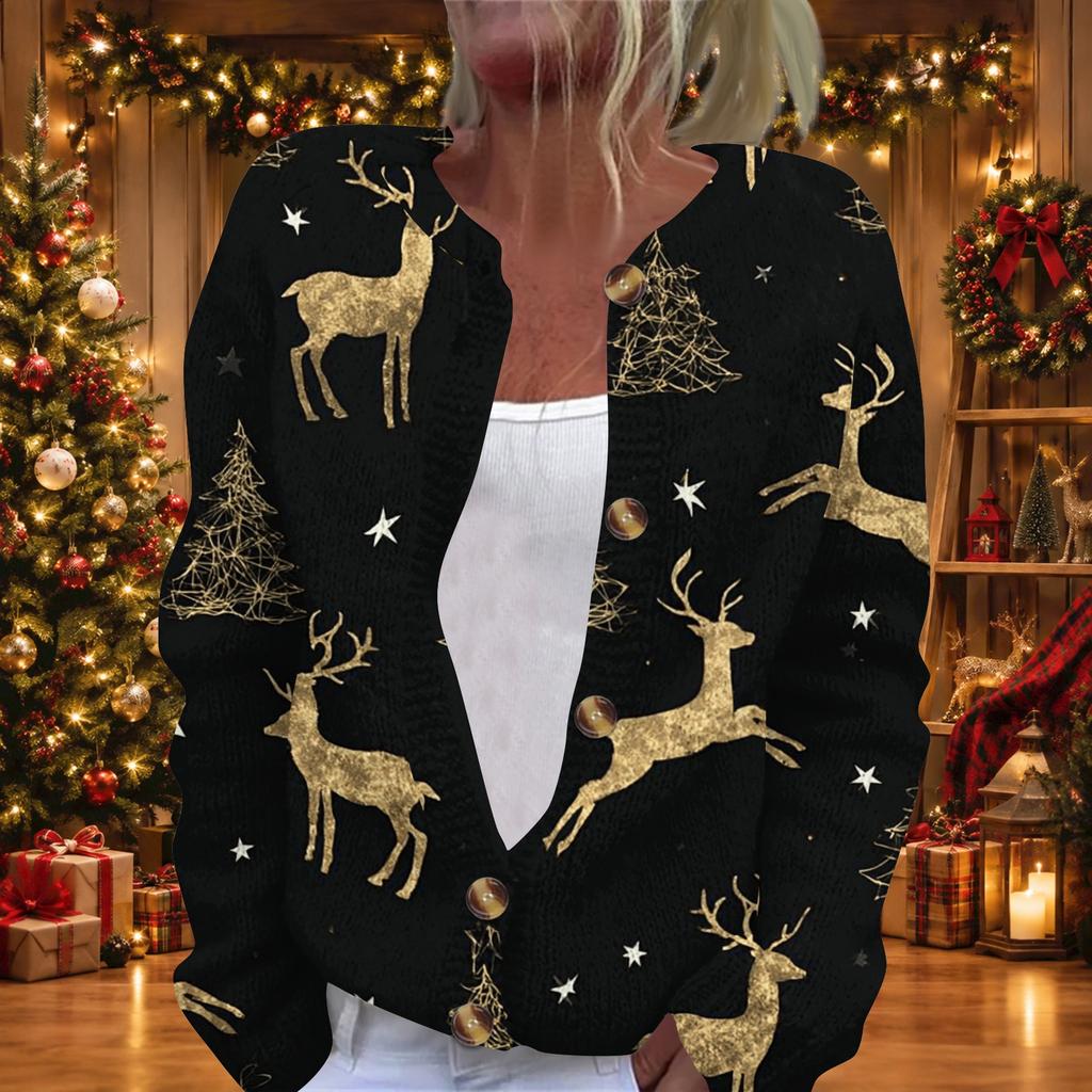 Damen Weihnachtsdruck Langarm Strickjacke, Knopfleiste Feiertagspullover