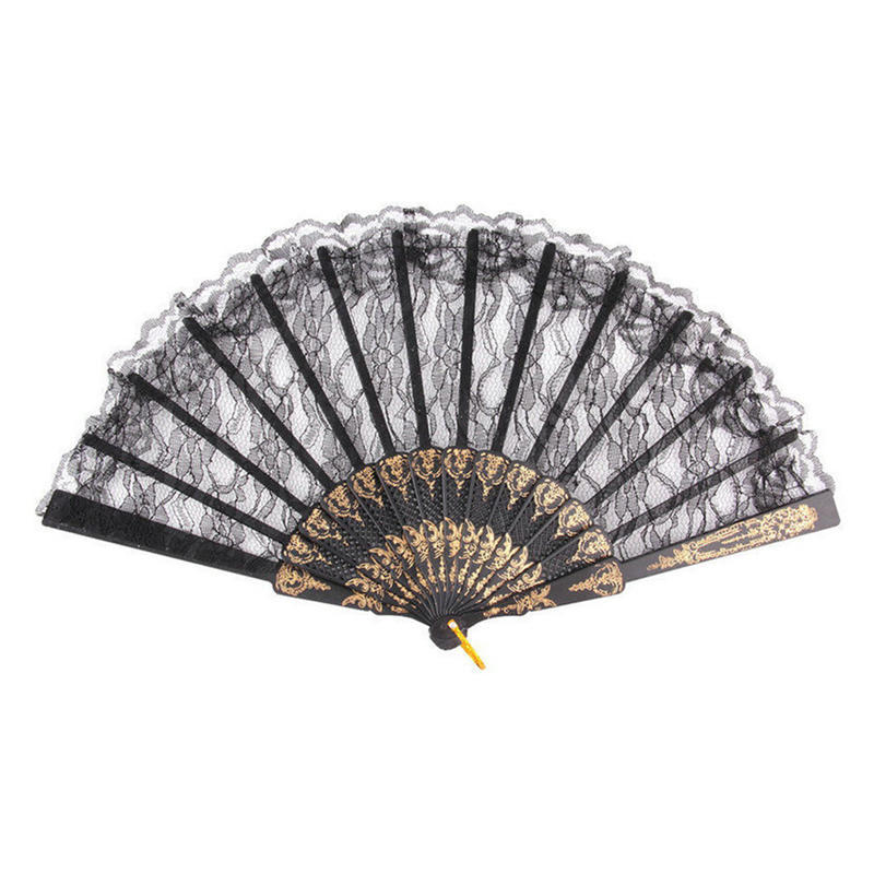 Black Spanish Style Dance Party Wedding Lace Silk Folding Hand Held Flower Fan