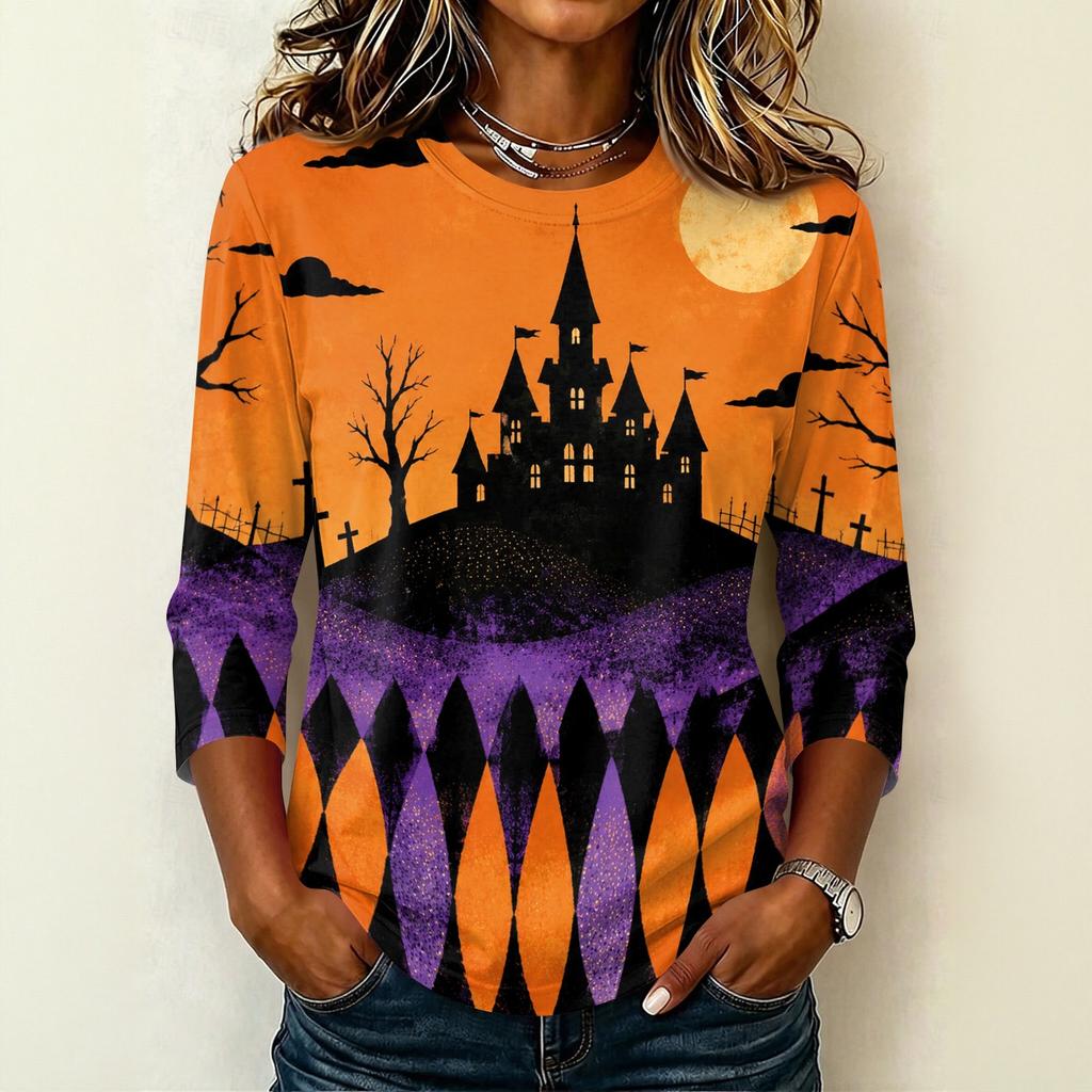 Women's Casual Crew Neck Three Quarter Sleeve Halloween Print T Shirt Top Lightweight Comfortable Fit Suitable for Daily Wear