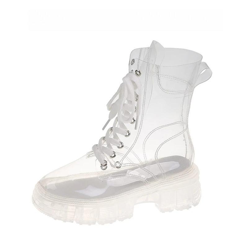 Botas de Plataforma Transparentes de Moda de Calidad para Mujer Botas Impermeables de Media Pantorrilla Botín Femenino de Tacón Transparente Botas de Lluvia Sexy para Mujer