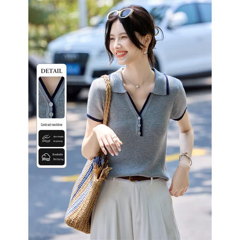 Women s Retro Slim Fit Polo Knit Top with Contrast Trim M серый