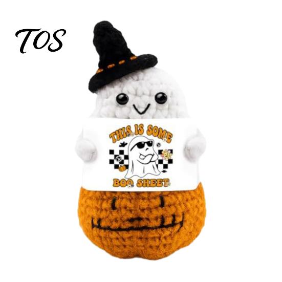 Whimsical Witch Hat Pumpkin Doll Hand Knitted Halloween Ghost Ornament, Crochet Plush with Adorable Holiday Party Favor Encouragement Card,