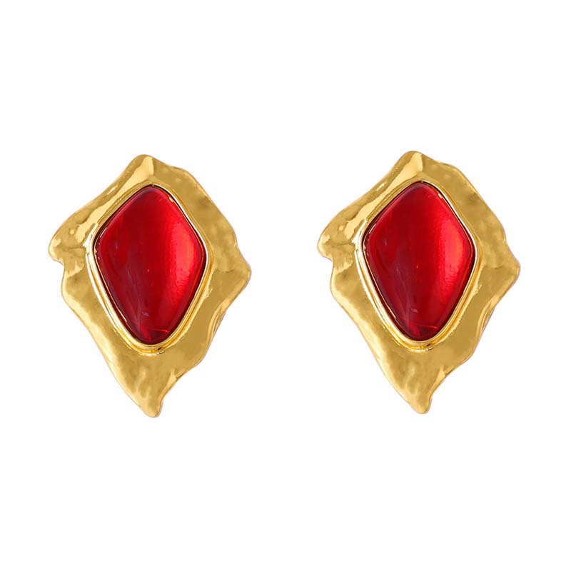 Vintage Red Resin Pleated Stud Earrings For Women Punk Metal Irregular Geometric Leaf Shaped Earrings  Party Zircon Gift