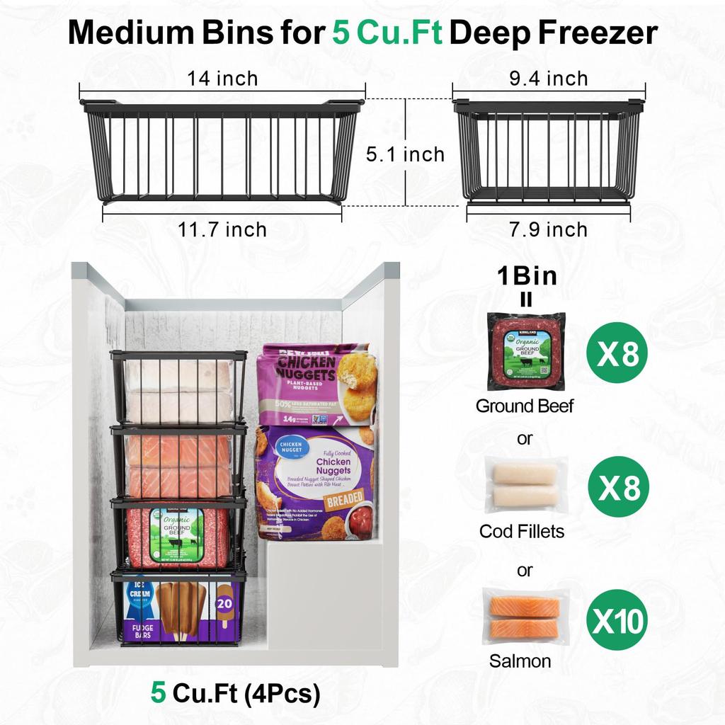 4 Pack Freezer Organizer Bins Stackable Deep Freezer Bins for 5 Cu Ft Chest Freezer Easy Access Food Space Saving Black Durable